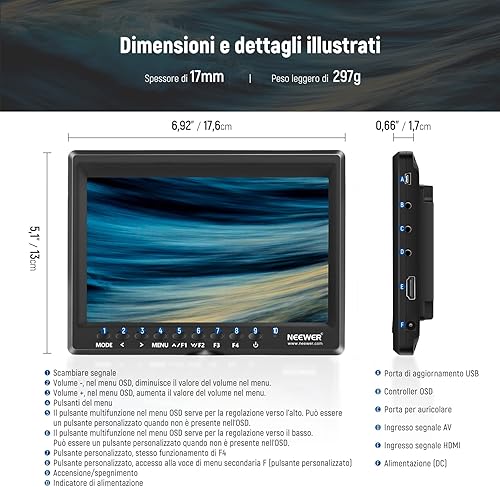 NEEWER Aggiornato F100 Monitor da Campo 7 Pollici HD Video Assist Sottile IPS 1280x800 HDMI Input 1080p con Batteria 2600mAh & Caricatore USB per Reflex Digitali, Stabilizzatori, Video Rig - Fashionser
