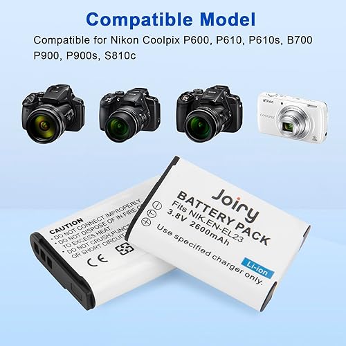 Joiry EN-EL23 - Batteria di ricambio (2 pezzi) e caricatore LCD Dual per Nikon EN-EL23 e Nikon Coolpix B700, P600, P610, P610s, P900, P900s, S810c - Fashionser