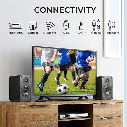 LP-42X Attivi Diffusori da scaffale 100W RMS, connettività HDMI ARC, Ottica, Coassiale, Bluetooth, USB, AUX-in, con controllo alti/bassi, telecomando (nero) - Fashionser