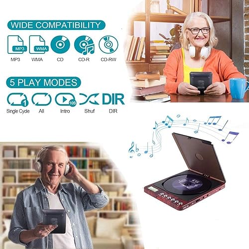 Lettore CD portatile, lettore CD portatile con altoparlante, lettore CD ricaricabile Discman per auto e bambini, lettore CD anti-skip piccolo con cuffie per audiolibri Musica ascolto con LCD - Fashionser