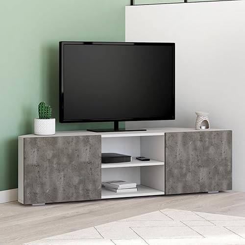 IDMarket - Mobile TV 110 cm angolare ELI bianco porte effetto cemento - Fashionser