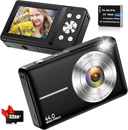 Macchina Fotografica Digitale Fotocamera Digitale Compatte 1080P 44MP, Fotocamera Compatta Con Zoom 16X, Scheda 32GB, 2 Batterie Macchina Fotografica Compatta Per Principianti Ragazzi Bambini, Nero - Fashionser