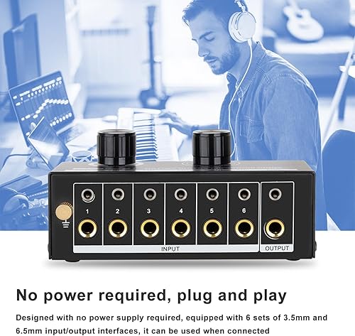 Hapivida Switch Audio a 6 Porte Scatola Commutatore Splitter Audio 6 Ingressi 1 Uscita con Controllo del Volume per Telefono, Altoparlante Portatile, Cuffie, Computer PC - Fashionser