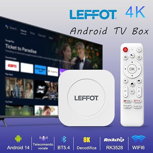 LEFFOT Android TV Box 2025, M1 Plus 4K Ultra HD Android 14 Box, 4GB RAM + 128GB ROM, Smart TV Box con supporto Google Assistant Voice Remote, HDR10, 2.4G & 5G WiFi 6, BT 5.4, 3D, RK3528 Quad-Core A53 - Fashionser