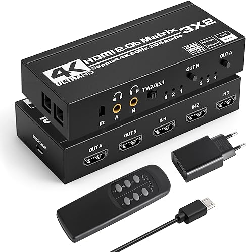 Matrix HDMI 3x2 - Tendak 3 in 2 Out Commutatore HDMI Matrix 4K@60Hz HDMI Splitter SPDIF + 3,5mm Stereo Estrattore Audio Supporta HDMI 2.0 HDCP 2.2 HDR 3D con Telecomando IR - Fashionser