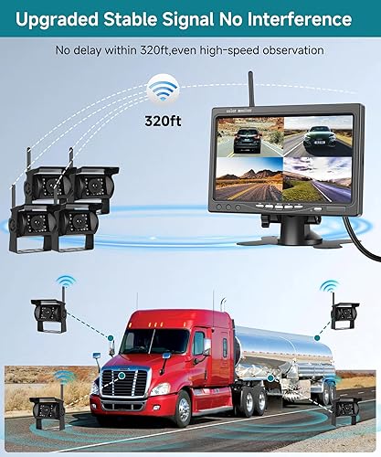 Podofo 4*Telecamera posteriore wireless con monitor da 7 pollici IP68 Visione notturna grandangolare, monitor AHD IPS Telecamere per la retromarcia wireless per auto Camper/Caravan/Camion,BSD - Fashionser