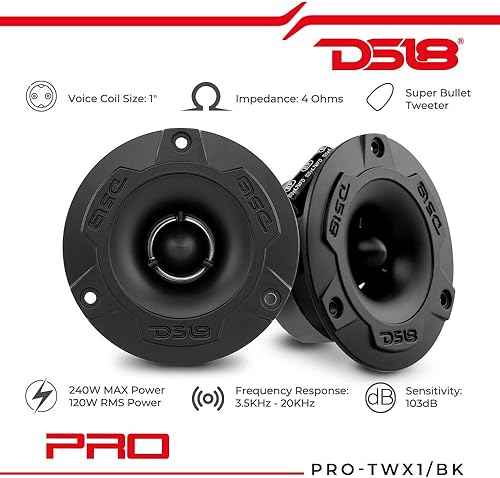 DS18 Pro-TWX1 - Tweeter in alluminio Super Bullet da 1', 240 W max, 4 Ohm, crossover integrato. I tweeter PRO sono i migliori nel mercato Pro Audio e Voceteo (2 altoparlanti inclusi) - Fashionser