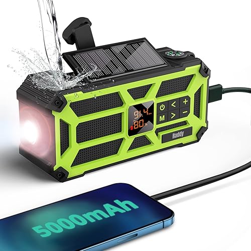 Raddy SW5 Radio Dinamo con Ricarica Manuale Powerbank da 5000mAh Radio Impermeabile IPX5 AM/FM Portatile di Emergenza ad Solare con Bussola, Torcia, Allarme SOS per Campeggio ed Escursioni - Fashionser