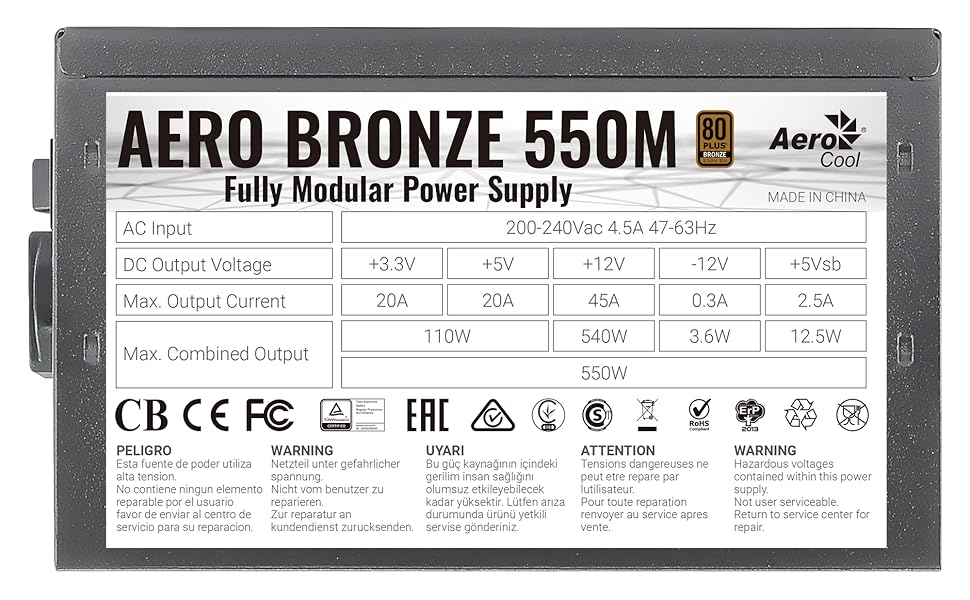 Alimentatore modulare 550W, alimentatore per PC 80Plus Bronze 230V