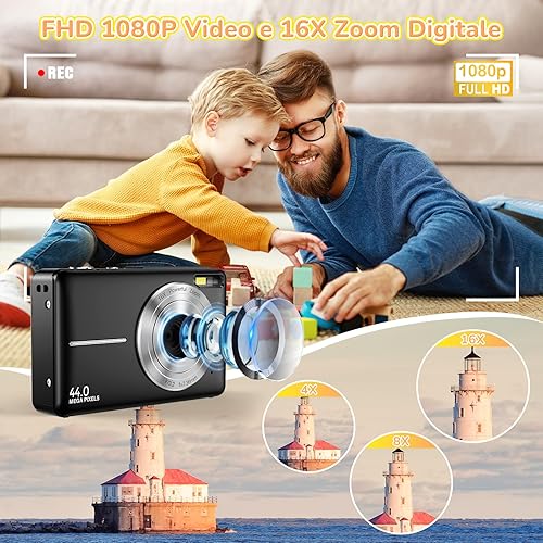 Macchina Fotografica Digitale Fotocamera Digitale Compatte 1080P 44MP, Fotocamera Compatta Con Zoom 16X, Scheda 32GB, 2 Batterie Macchina Fotografica Compatta Per Principianti Ragazzi Bambini, Nero - Fashionser