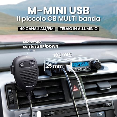 Midland - Radio CB M-MINI USB Senza Licenza, Multi Banda EU, 40 Canali AM/FM, Ricetrasmittenti Professionali Display LCD con S-Meter, 2 Modalità Squelch, Ricarica Rapida Presa USB Altoparlante Esterno - Fashionser