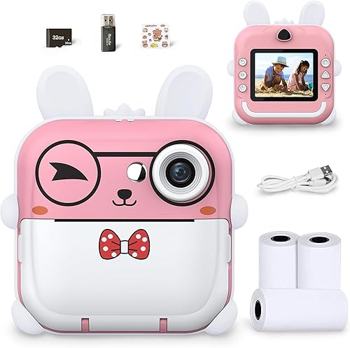 JESWO Macchina Fotografica Bambini Istantanea, Stampa Termica, Funzionalità di Registrazione Foto e Video HD, Inclusa Scheda SD da 32 GB, 3 Rotoli di Carta Termica e Adesivi - Fashionser