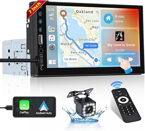 Hikity CarPlay Autoradio 1 DIN con Schermo, 7 Pollici 1 Din Stereo Auto Bluetooth con Android Auto Bluetooth Vivavoce FM AUX 2USB SWC Mirror Link + MIC + Telecamera Posteriore Impermeabile - Fashionser