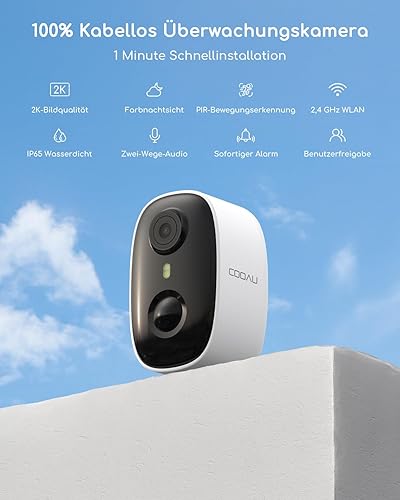 COOAU 2K Telecamera di sorveglianza WiFi esterna senza fili, IP fotocamera, visione notturna colore, rilevamento del movimento PIR, sirena, impermeabilità IP65, grandangolo 130°, scheda 128 GB - Fashionser