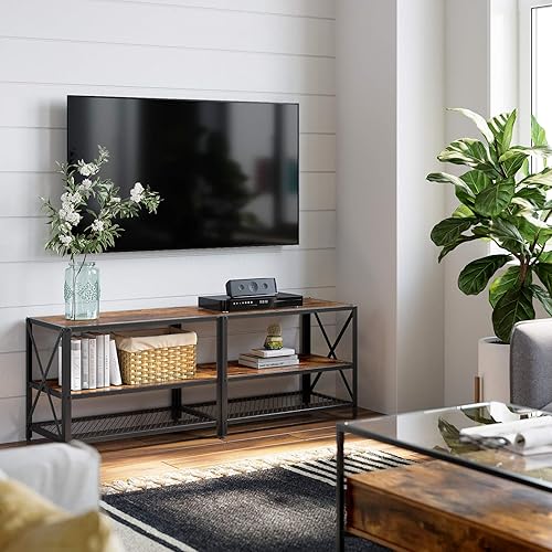 VASAGLE Mobile Porta TV, Supporto TV Fino a 60 Pollici, Tavolino TV con Ripiani, Struttura in Acciaio, Mobiletto per Soggiorno Camera da Letto, Marrone Vintage e Nero LTV094B01 - Fashionser