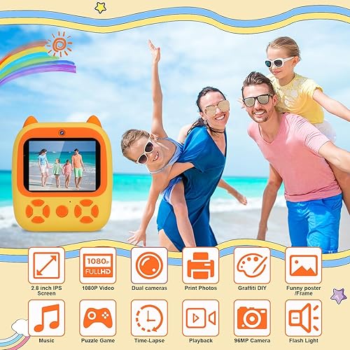OKYUK Fotocamera istantanea per bambini, HD, 1080P, con 4 rotoli di carta da stampa e scheda SD da 32 G, doppia lente da 2,4 pollici, fotocamera per bambini, fotocamera digitale, fotocamera per selfie - Fashionser