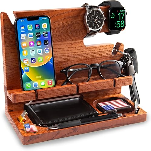 Greta Oto Docking Station Legno per Cellulare Supporto Telefono Compatibilità Universale Smartphone Svuotatasche Regali per Lui Uomo Papà Marito Natale San Valentino Anniversario (Ciliegio) - Fashionser