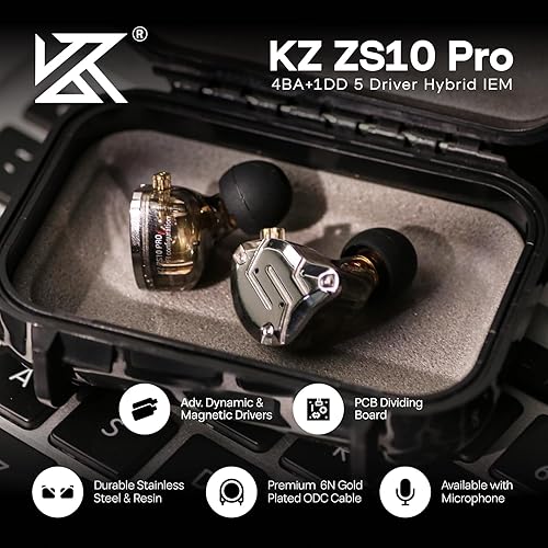 Linsoul KZ ZS10 Pro, monitor auricolare a 5 driver 4BA+1DD, auricolari cablati HiFi, auricolari da gioco, auricolari IEM ibridi, cavo staccabile a 2 pin(senza microfono, nero) - Fashionser