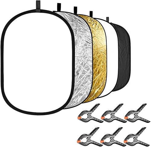 Neewer Riflettore di luce per fotografia 5 in 1 con kit di 6 morsetti per sfondo: portatile ovale 60 x 90 cm, riflettore pieghevole (argento traslucido, oro, bianco, nero) per studio fotografico - Fashionser