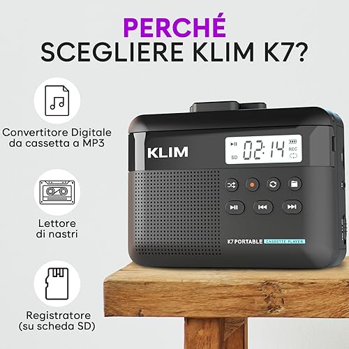 K7 Cassette Player - Convertitore Cassette MP3 - Lettore Cassette Audio Portatile - Microfono e Altoparlante Incorporati - Batteria Ricaricabile - Auricolari - Scheda SD da 32 GB - Fashionser