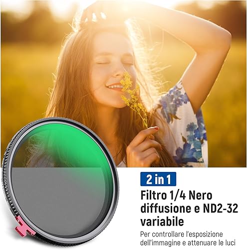 NEEWER 82mm Nero Diffusione 1/4 Effetto con ND2-ND32 Filtro ND Variabile 2 in 1 Filtro a Densità Neutra HD con Caratteristiche Cinematografiche,Idrorepellente/Antigraffi/Antipolvere,Nessuna X Cross - Fashionser