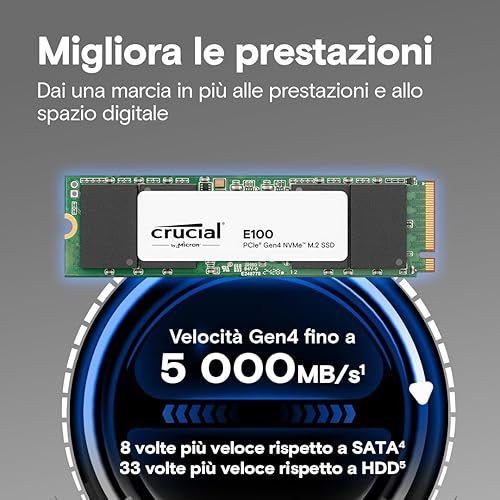 Crucial E100 1TB PCIe Gen4 NVMe M.2 SSD Interno, Fino a 5.000 MB/s, Compatibile con Notebook e PC Desktop - CT1000E100SSD8 - Fashionser