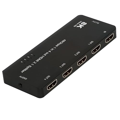Cablecc Splitter HDMI 2.1 a 4 porte 8K a 60 Hz e 4K a 120 Hz, distribuisce 1 segnale IN a 4 schermi OUT, supporta la connessione stack HDCP con audio da 3,5 mm per PS5. - Fashionser