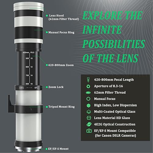 Lightdow RF 420mm-800mm F8.3 Obiettivo Manuale per Canon RF Mount, Teleobiettivo Professionale a Corpo Metallico, per Cannon EOS, R3, Ra, R, RP, R1, R5, R6, R6II, R7, R8, R10, R50, R100 -Nero - Fashionser