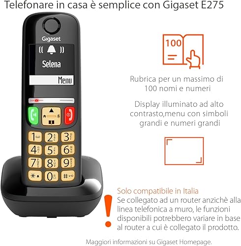 Gigaset E275 - Telefono DECT Portatile - Cordless - Tasti Grandi - Suonerie Forti - Compatibile con Apparecchi Acustici, Nero [Versione Italiana] - Fashionser