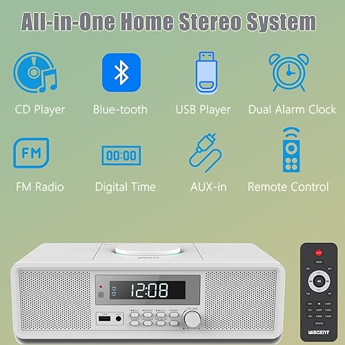 Radio compatta con lettore CD, sistema audio RMS nitido da 20 W, lettore CD radio FM con Bluetooth, USB, MP3, AUX, doppia sveglia digitale, riproduzione CD-R/CD-RW/MP3/WMA - Fashionser