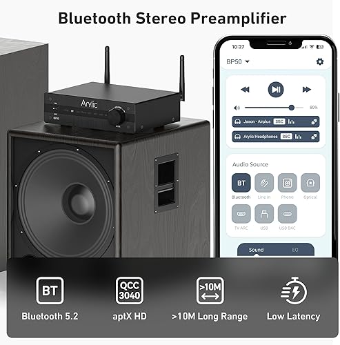 BP50 Sintoamplificatore musicale Home Stereo Bluetooth 5.2 aptX con HDMI ARC, ingresso Phono e GO Control APP Adattatore audio con DAC, uscite RCA per ricevitore AV o preamplificatore stereo - Fashionser