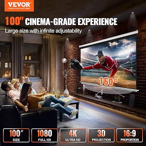 VEVOR Schermo di Proiezione Avvolgibile Manuale 100 Pollici 16:9 HD 4K Proiettore Antirughe Tela Ampio Montaggio a Parete Immagine Dettagliata per Home Theater Festa, Telo per Proiettore Avvolgibile - Fashionser