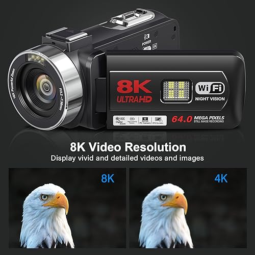 8K 64MP Camcorder Video Camera 18X Digital Zoom YouTube Vlogging Camera Webcam IR Night Vision WiFi 3.0”Touch Screen Camcorders with Microphone, 32G SD Card, Remote Control and 2 Batteries - Fashionser
