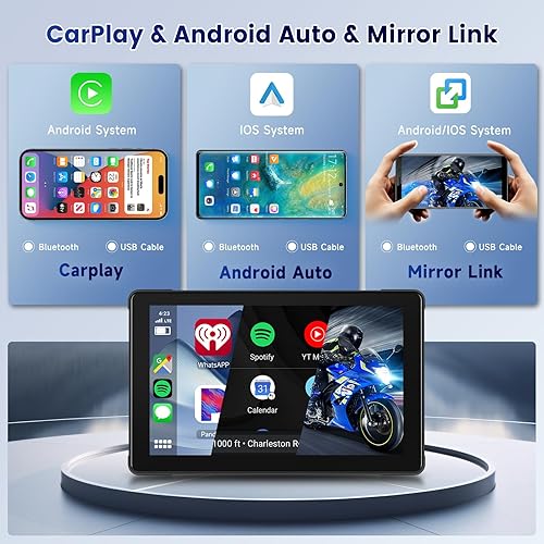 Schermo GPS per Moto CarPlay e Android Auto Wireless, Portatile HD Touch Screen Navigazione Impermeabile da 7 Pollici Schermo con Dual Bluetooth AirPlay Mirror Link EQ,USB/TF Display per Moto - Fashionser