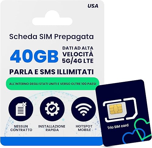 Lycamobile 30 Giorni USA Scheda SIM Prepagata con 40 GB di Dati 4G LTE/5G ad Alta Velocità, Chiamate e SMS Internazionali verso oltre 100 Paesi, Attivazione Rapida, SIM Mobile USA a Triplo Formato - Fashionser