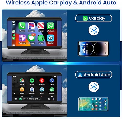 Nuovo Wireless Carplay e Android Auto Autoradio Portatile, 7 Pollici IPS Touchscreen Autoradio con Airplay/Android Mirror Link/Bluetooth/FM Trasmettitore GPS/AUX/USB/TF 7-32V - Fashionser