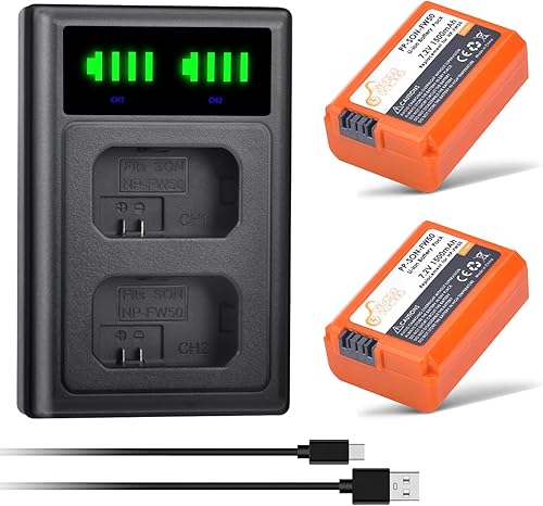 Pickle Power NP-FW50 (2 pezzi) Batteria da 1500mAh e Caricatore Dual USB per Sony ZV-E10,A6500,A6000,A6300,A6400,A5000,A5100,A3000,A7,A7II,A7RII,A7SII,A7S,A7S2,A7R,A7R2,A55,A55,RX10 - Fashionser