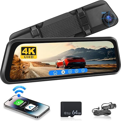 Specchietto retrovisore con telecamera inversa 4K da 12 pollici con touchscreen - Dash Cam Specchietto con Carplay senza fili e Android Auto - WiFi G-Senor Registrazione in loop FM + scheda TF da 64 G - Fashionser