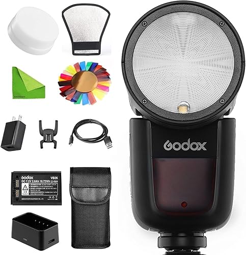 GODOX V1-N Flash per Nikon Flash, 76Ws 2.4G TTL Testa Rotonda, 1/8000 HSS, 480 Scatti a Piena Potenza, 1.5s Tempo di Riciclaggio, Batteria al Litio 2600mAh con Filtri Colorati Riflettore Diffusore - Fashionser