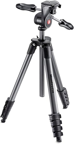 Manfrotto MKCOMPACTADV-BK Treppiede Serie Compact con Testa Tre Vie, 5 Sezioni in Alluminio, 44,5 - 165 cm, Nero - Fashionser