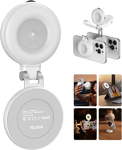 TELESIN Luce magnetica per selfie compatibile con iPhone Magsafe, CRI97 360° LED Selfie Ring Luce di riempimento con specchio per selfie/fotografia/TikTok/chiamate zoom/videoconferenze (bianco) - Fashionser