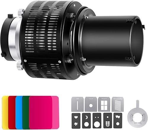 Neewer Snoot conico da studio in lega di alluminio con supporto Bowens per fotografia monolight luce LED SL-60W SL-150W 200W ecc, 5 filtri colorati e 9 schede grafiche incluse per effetto riflettore - Fashionser