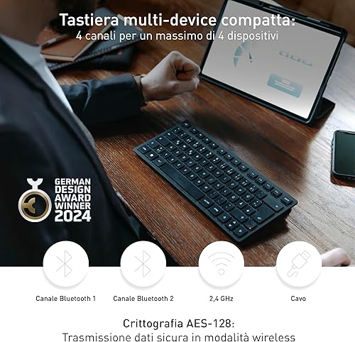 CHERRY KW 9200 MINI, Tastiera Multidispositivo Compatta per fino a 4 Dispositivi, Layout per la Germania (QWERTZ), Bluetooth, 2,4 GHz o Cavo, Ricaricabile, Nero - Fashionser