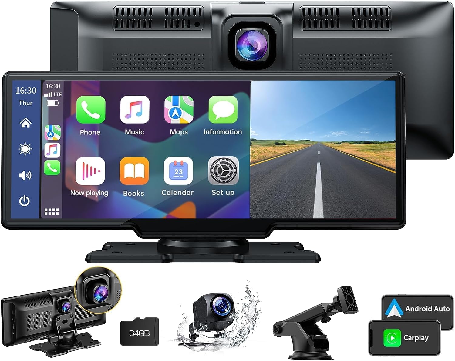 Senza Fili Autoradio,Wireless A-pple Carplay & Android Auto con Dash Cam Anteriore 2K,Telecamera di Backup 1080P, Portatile 9,26 Pollici Stereo Auto con Siri/Bluetooth/GPS/FM/AUX/Airplay/Scheda SD 64G - Fashionser