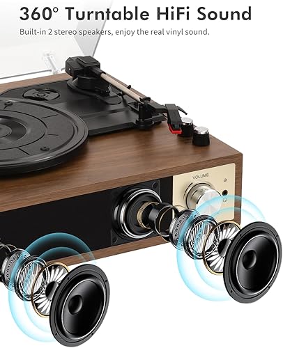 Giradischi Vinile Bluetooth Vintage, Lettore Vinili 3 Velocità (33/45/78 RPM) con 2 Altoparlanti Stereo, Codificatore Digitale, Supporto LP/Aux IN/RCA/BT, Marrone Naturale - Fashionser