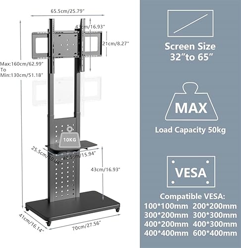 Supporto TV con Ruote Girevole: Carrello Porta TV da Terra Verticale Orizzontale Supporto tv Rotante per Schermo 32-65 Pollici Portata 50kg Max VESA 600x400mm Altezza Regolabile - Fashionser