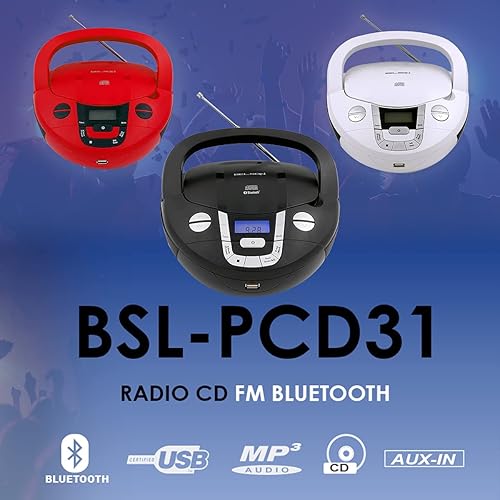 BSL - PCD-31, Radio CD portatile boombox con Bluetooth, colore nero, 2 W di potenza RMS, radio FM, porta USB, lettore MP3, display LCD, AUX IN, uscita auricolari - Fashionser