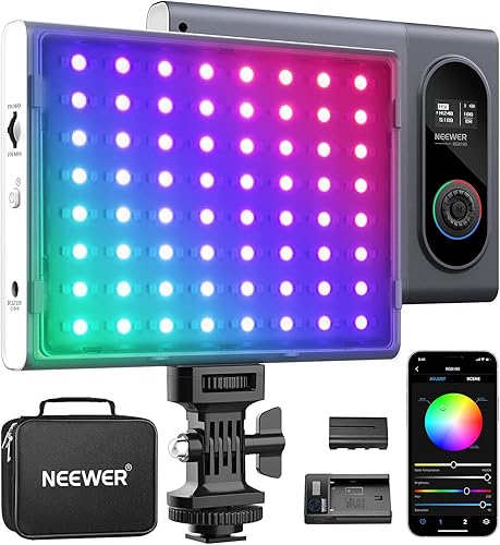 Neewer RGB190 - Luce video a LED con kit di batteria, controllo APP, schermo LCD, regolazione precisa della saturazione della tonalità a colori, CRI97 + 3200K-5600K 9 effetti RGB, pannello LED per - Fashionser