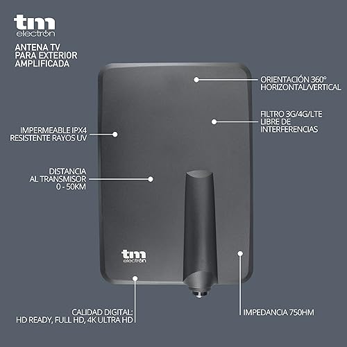 TM Electron TMANT015 Antenna per TV da interno o esterno, con amplificatore incorporato 40 dB, Ultra compatto, orientamento a 360°, montaggio a parete o palo e resistente alle intemperie, nero - Fashionser