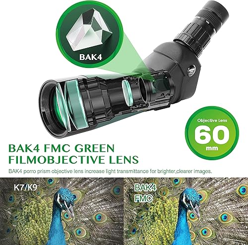 Aomekie Cannocchiale 20-60x60 Telescopio Spotting Scope FMC Ottica BAK4 Prisma Cannocchiale con Adattatore Telefonico Treppiedi - Fashionser